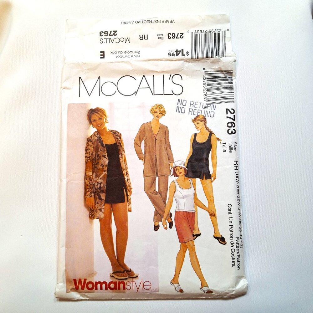 McCall's 2763 Sz 18W-42W Cardigan Pants Shorts, 2-Piece Swimsuit Sewing Pattern
